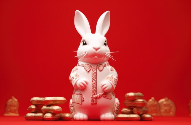 Photo une grande statue d'un lapin tient un vase rouge