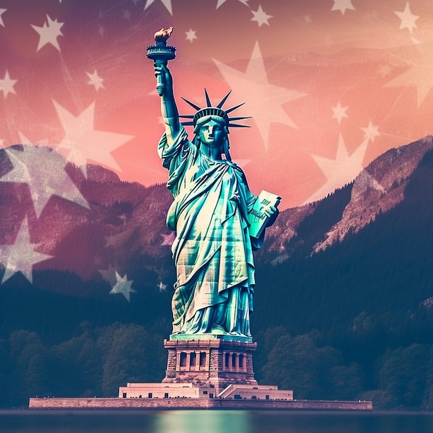 Une grande statue de la liberté est devant une montagne le jour de l'indépendance des États-Unis
