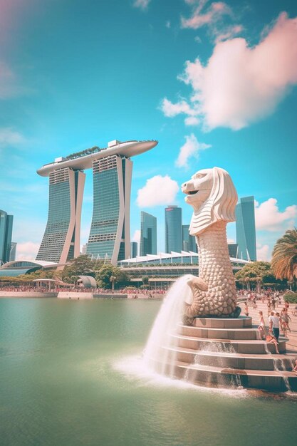 Photo une grande statue d'un lion devant un plan d'eau