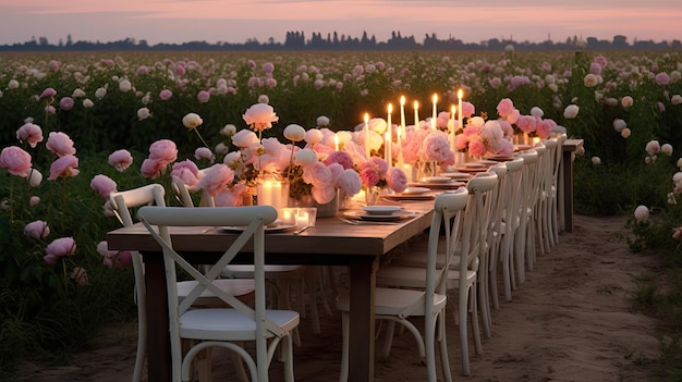 Une grande table en bois longue décorée de mariage et des chaises couvertes d'une nappe blanche avec des plats