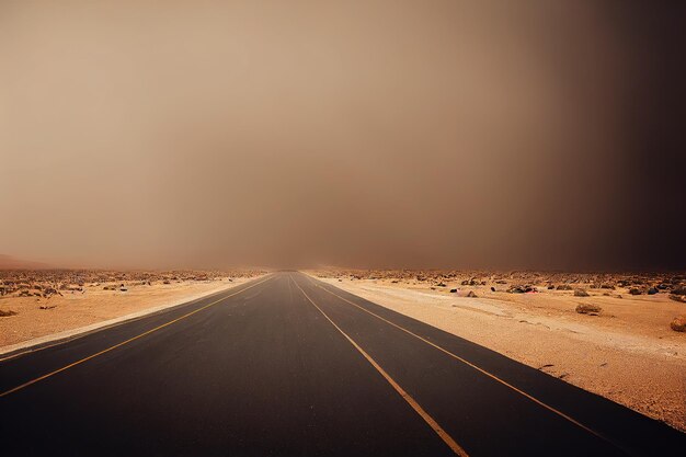 Grande tempête de sable formée de nuages gris sur la route dans le désert