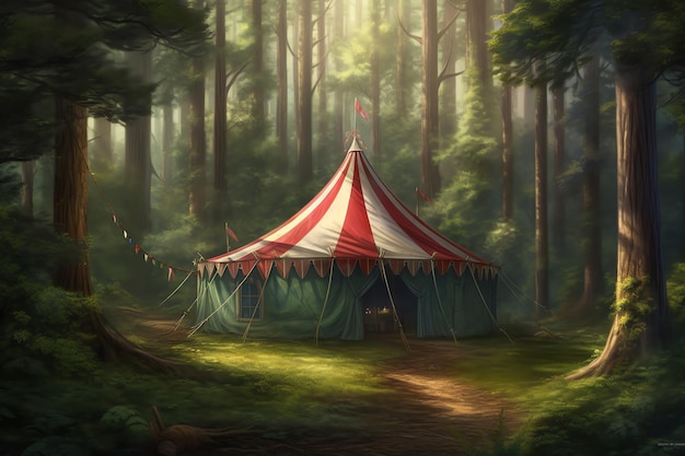 Une grande tente dans une forêt avec les mots " cirque " sur le dessus.