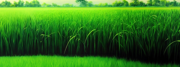 Une grande terre agricole de plantation de riz pendant la saison de plantation du jeune riz vert déposé dans