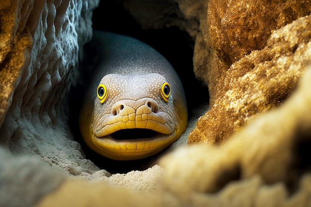 Grande tête de murène jaune gris, jetant un coup d'œil derrière les rochers au fond de l'océan