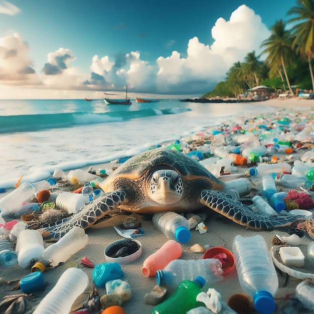 Une grande tortue de mer sur la plage parmi les ordures et les bouteilles en plastique se préparant à pondre des œufs.