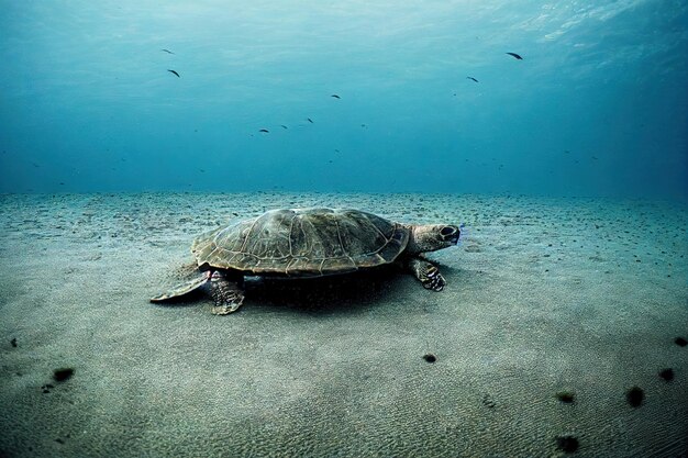 Grande tortue de mer triste rampant le long du fond sombre de l'océan