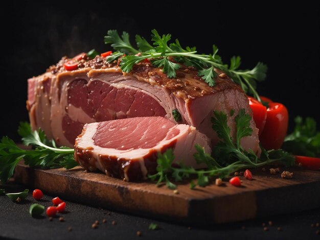 Grande tranche de viande viande crue avec du poivre et des légumes verts sur photo sombre farine de poulet nourriture de barbecue pour animaux