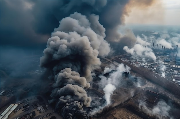 Grande usine avec d'énormes nuages de fumée sale ai générative