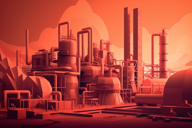 Une grande usine industrielle avec un fond rouge.
