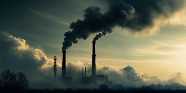 Photo une grande usine industrielle avec de la fumée s'élevant de ses cheminées sur fond de ciel nuageux au coucher du soleil