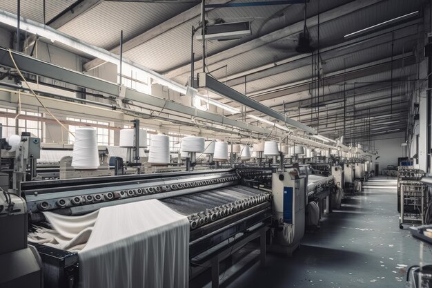 Grande usine textile avec lignes de production et machines à tourbillonner créées avec l'IA générative