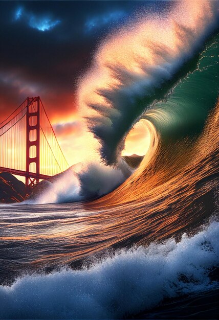 Grande vague dans l'océan avec un golden gate bridge en arrière-plan ai générative