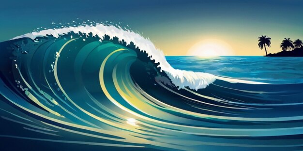 La grande vague de l'océan et l'île tropicale