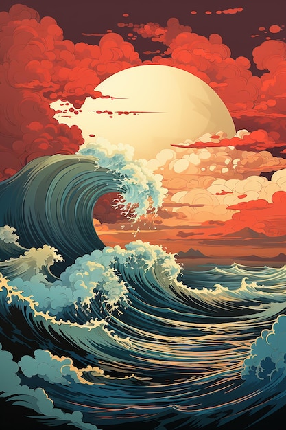 grande vague océanique avec affiche du soleil dans une illustration de style japonais