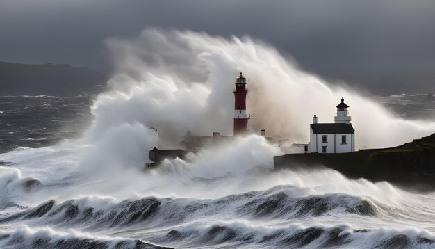 Photo une grande vague s'écrasant sur un phare un jour de tempête