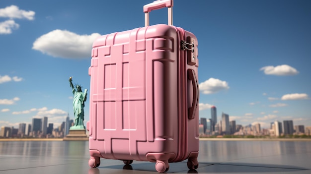 Une grande valise rose avec une statue de la liberté en dessous