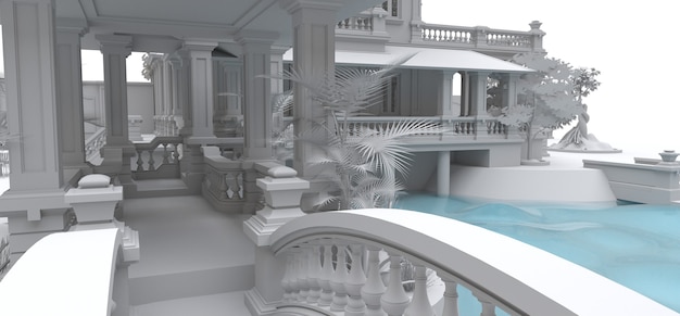 Grande villa de style asiatique avec jardin, piscine et court de tennis. Le bâtiment et le territoire en courbes de niveau avec de douces ombres éparses. illustration 3D