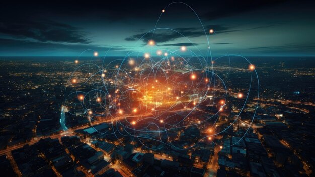 grande ville la nuit avec des lignes de réseau connectées à des satellites paysages urbains formes circulaires photographie industrielle