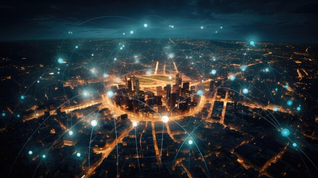 grande ville la nuit avec des lignes de réseau connectées à des satellites paysages urbains formes circulaires photographie industrielle