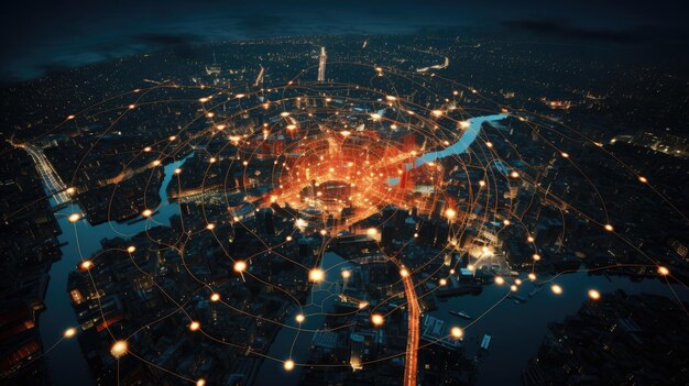 grande ville la nuit avec des lignes de réseau connectées à des satellites paysages urbains formes circulaires photographie industrielle