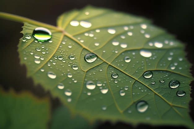 Grandes belles gouttes d'eau de pluie transparente sur une macro de feuille verte