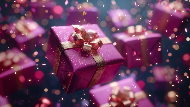 Des grandes boîtes de cadeaux en violet et en or flottant dans les airs