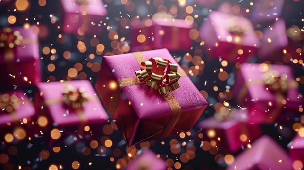 Des grandes boîtes de cadeaux en violet et en or flottant dans les airs