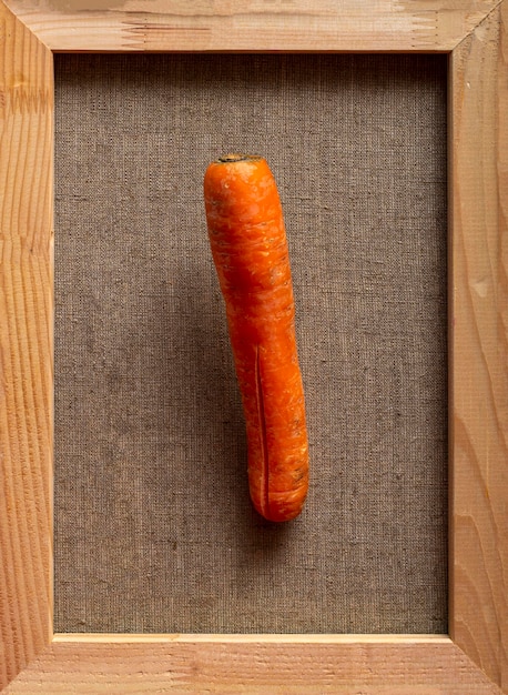 Grandes carottes mûres sur toile dans un cadre en bois