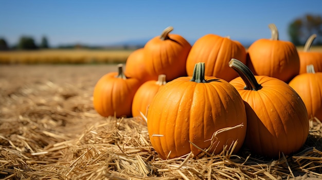 Les grandes citrouilles de l'automne sur des balles de foin pour la saison