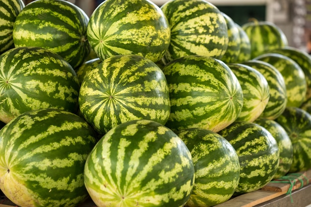 De grandes pastèques vertes sont sur le marché.