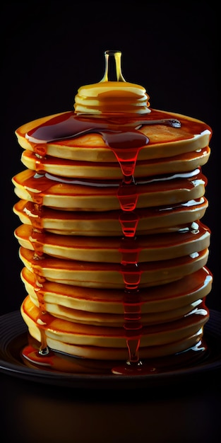 Photo de grandes piles de crêpes chaudes trempées dans du beurre et du sirop