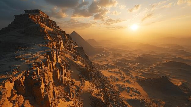 Photo les grandes pyramides les drones la perspective du soleil à l'horizon le vaste terrain sablonneux le coucher de soleil immersif et détaillé sur l'égypte l'ia générative