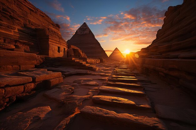 Photo les grandes pyramides de gizeh en égypte au coucher du soleil photo de haute qualité