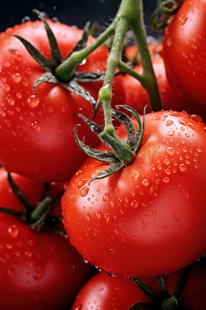 De grandes tomates rouges trempées de gouttes d'eau sur une plante de tomates d'une ferme biologique