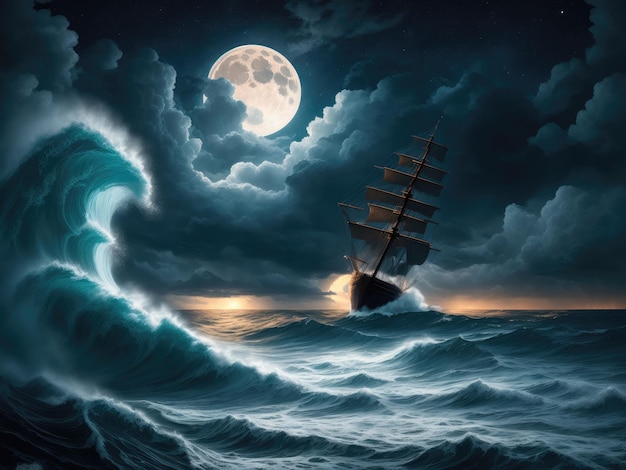 Grandes vagues de l'océan et la nuit Mer orageuse la nuit Illustration d'art impressionnante