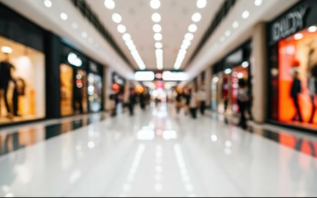 Photo de grandes ventes floues le vendredi noir un long plancher lumineux dans le centre commercial avec des magasins pour les acheteurs