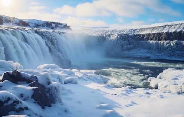 La grandeur d'une cascade de glace qui descend des glaciers