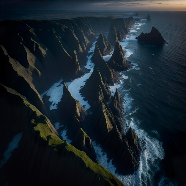 Photo la grandeur d'une côte accidentée d'en haut au-dessus des falaises dramatiques écrasant des vagues générées par l'ia