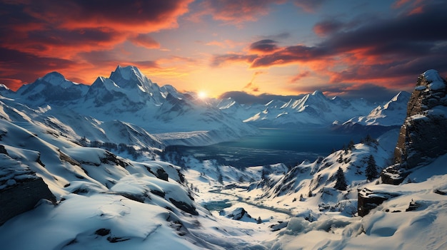 la grandeur des sommets enneigés éclairés par les teintes douces d'un lever de soleil radieux s'élevant contre un ciel bleu clair ces montagnes majestueuses se dressent comme la splendeur et la résilience d'une nature