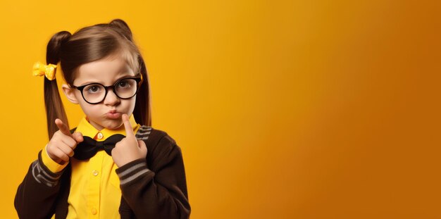 Grandhomme en uniforme scolaire pointant vers l'extérieur en studio jaune