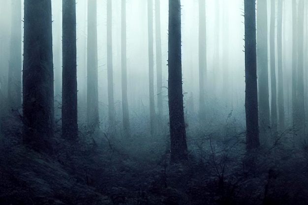 De grands arbres dans la forêt couverte de brouillard