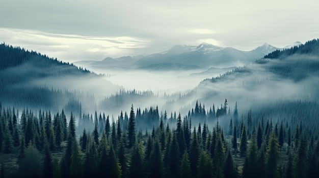 De grands arbres dans la forêt dans les montagnes couvertes de brouillard