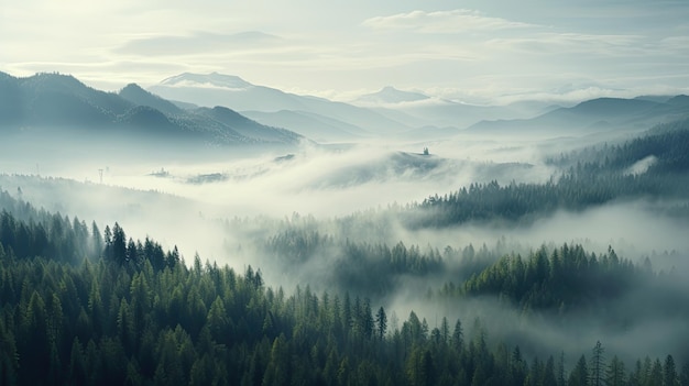 De grands arbres dans la forêt dans les montagnes couvertes de brouillard