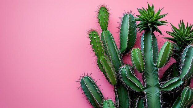 Grands cactus verts avec des épines hérissées sur fond rose dégradé