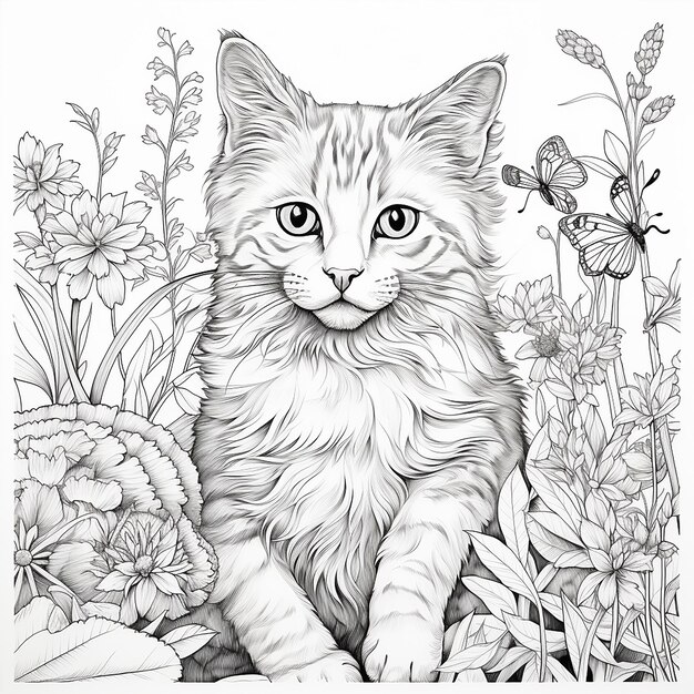 grands chats matures enjoués de jardin chats de livres à colorier adultes haute définition noir et blanc