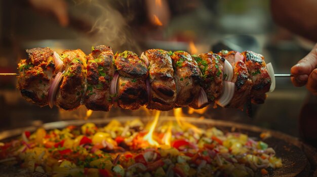 De grands cuisiniers de kebab entourés de légumes avec de la vapeur qui s'élève