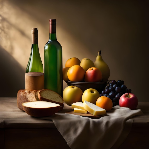 De grands fruits et du pain sur une très vieille table de cuisine.