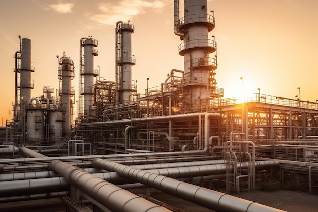 Photo grands gazoducs industriels dans une raffinerie moderne au lever du soleil