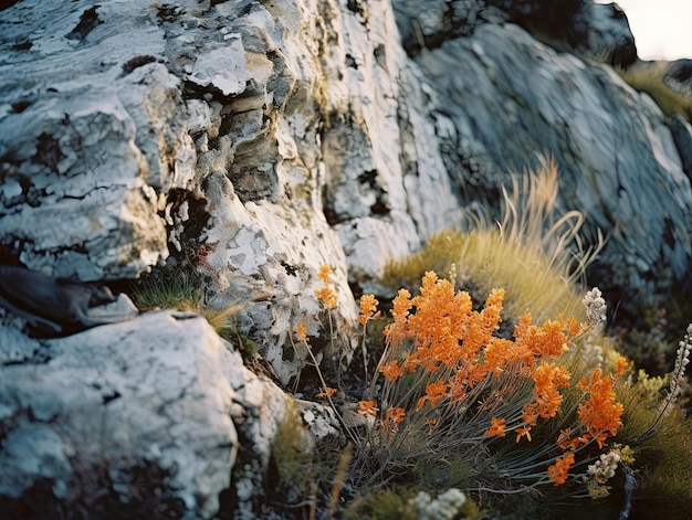 grands lichens et plantes poussant sur les rochers dans le style de gris clair et orange