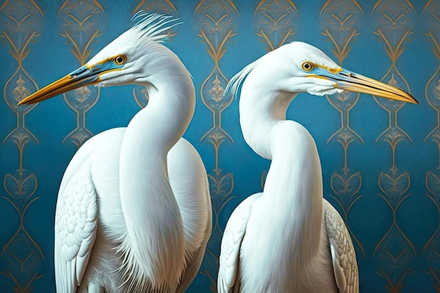 Grands oiseaux royaux blancs avec long bec gris sur fond bleu ai générative